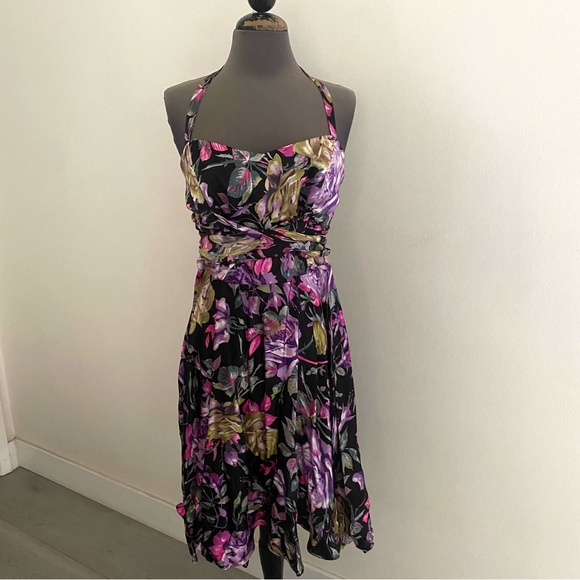 VINTAGE Y2K BETSEY JOHNSON FLORAL 100% SILK HALTER DRESS SIZE 12 GARDEN FLORAL - Picture 1 of 5